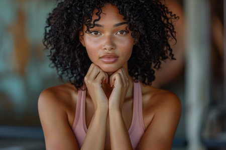 Confident young woman with natural hair at the gym, taking a break from working out.の素材