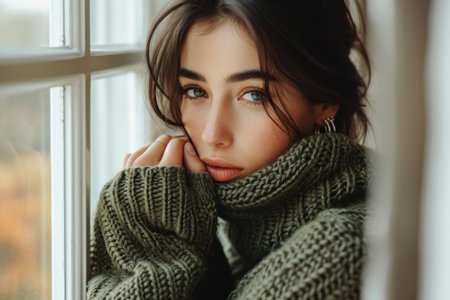 Reflective moment: A woman in an oversized sweater gazes thoughtfully out of a window, lost in introspection.の素材