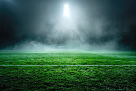 Crepuscular rays over an empty, foggy soccer field at dusk.の素材