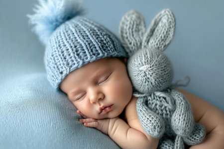 A calm baby sleeps with a blue knitted cap, holding a gray bunny, set against a soothing light blue backgroundの素材