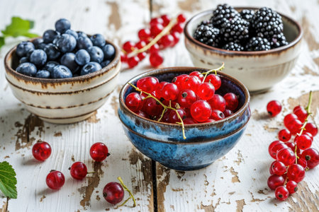 Fresh berry trio: Vibrant blueberries, red currants, and blackberries elegantly displayed in bowls on a rustic white surfaceの素材