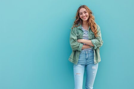Casual confidence: A cheerful woman in a green jacket and striped shirt, standing confidently against a vibrant blue backdrop.の素材