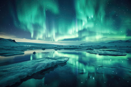 The photograph captures the ethereal beauty of the Northern Lights, displaying vibrant green hues dancing across a starry night sky.の素材
