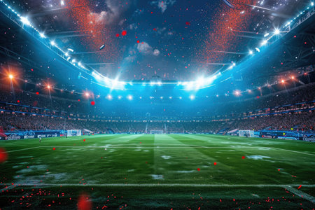 Stadium Spectacle: A vibrant view from within a modern stadium during a lively event, with bright lights, packed stands, and a vibrant atmosphere.の素材