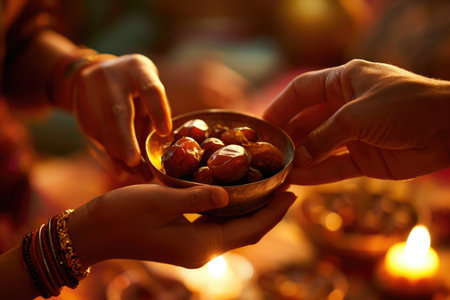 Tradition of Unity: A scene capturing hands reaching for dates, signifying a shared tradition or gathering.の素材