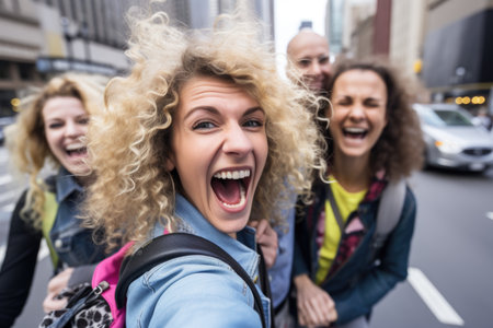 City Streets and Smiles: A woman shares smiles with her friends as they take a selfie on a bustling street, blending laughter and urban charmの素材