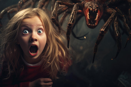 Image of a girl in terror as she encounters a spider, illustrating the fear of spiders conceptの素材