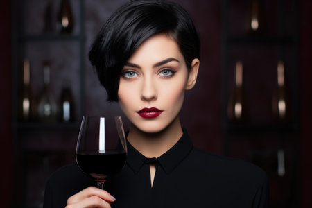 Wine expert in silhouette: woman sommelier holds a glass, her profile evoking sophistication against a dark settingの素材