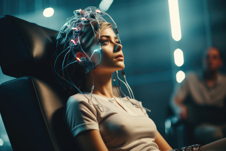 Cognitive Mastery: A portrayal of a woman mastering mental techniques, utilizing the latest brain stimulation methods for optimal cognitive performanceの素材