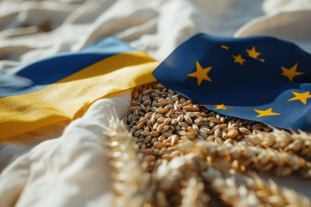A symbolic image: Wheat grains and flags of Ukraine and the European Union. Implies a connection in agriculture and tradeの素材