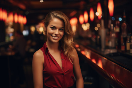 Enchanting Beverage Maven: Behind the bar, a girl with an enchanting smile becomes a beverage maestro, turning every drink into a delightful experienceの素材