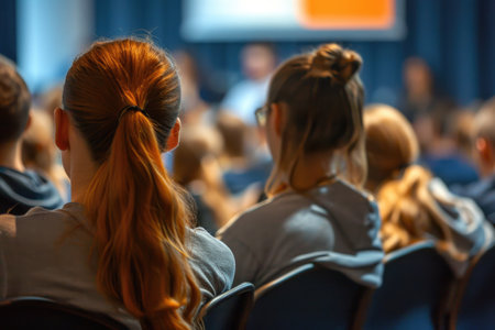 Business professionals gathered for a keynote speech, blurred stage.の素材