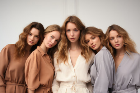 Young European women, collectively pictured, stand out distinctly against a bright backgroundの素材