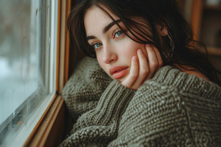 Cozy daydreams: A woman in an oversized sweater takes a moment to ponder, bathed in soft natural light.の素材