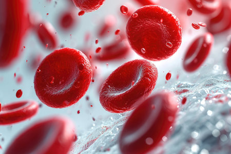 Erythrocyte study: a close-up visualization of red blood cells, showing their biconcave disc shape and dynamic movement within a vessel.の素材