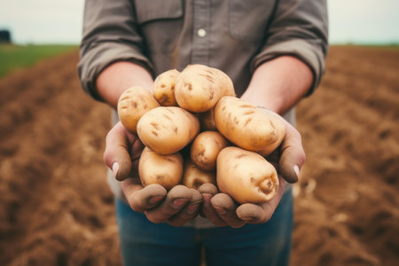 A person's hands holding freshly dug potatoes against a rural landscapeの素材