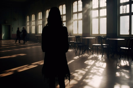 Isolated Echo: A woman's solitary presence resonates in an empty room, the echo of isolation and quietness reflecting the emotional depth of her seclusionの素材