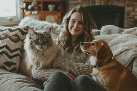 Cozy scene with a smiling woman, fluffy cat, and attentive dog on a couch.の素材