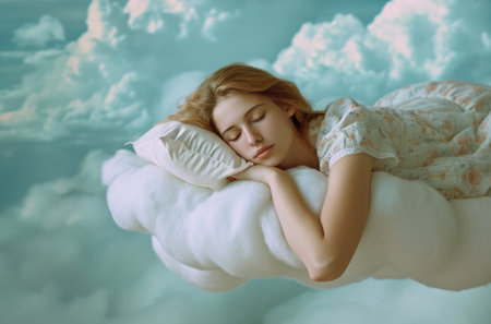 Serene dream state, woman sleeping on clouds, sky-inspired tranquility.の素材