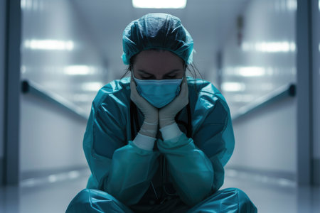 Image of a healthcare worker, clad in medical gear, pausing for reflection in a sterile hospital corridor, wearing a mask and gloves.の素材