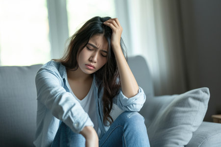Introspective solitude, a woman grappling with thoughts in a quiet indoor space.の素材