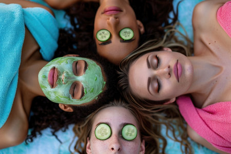 Spa day for three, friends with facial masks and cucumber slices.の素材