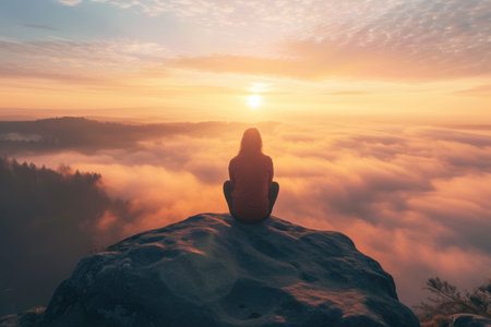 Serene moment: person in meditative pose overlooking misty landscape at sunrise or sunsetの素材