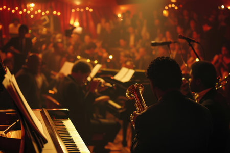 Intimate jazz club atmosphere, audience enthralled by the live performance.の素材