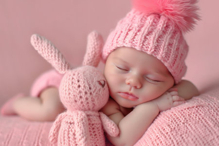 The image features a sleeping baby in a pink hat hugging a pink knitted bunny toy, against a soothing light pink backgroundの素材