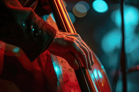 Close-up of a hand playing the double bass, warm stage lighting, jazz ambiance.の素材
