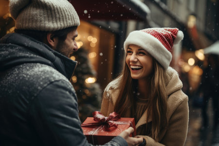 Warm holiday spirit captured during a gift-giving scene at night.の素材