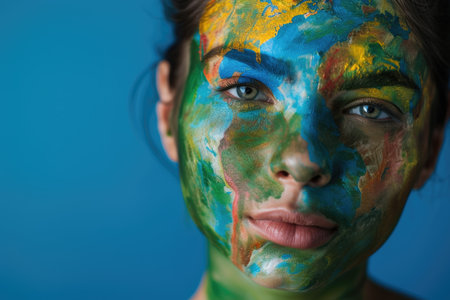 Her gaze is intense, contrasting with the playful splashes of green and gold.の素材