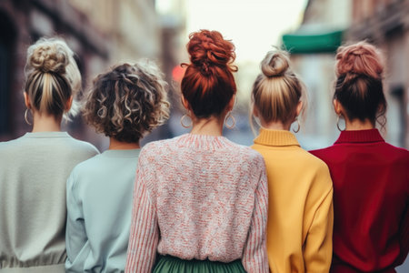 Stylish close-up shot capturing the backs of women in fashion-forward attire and contemporary hairstyles, showcasing their unique stylesの素材
