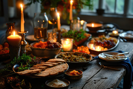 In this charming scene, a Purim dining table is graced with classic dishes and wine, while the candlelit glow infuses the festive gathering with warmth and happinessの素材