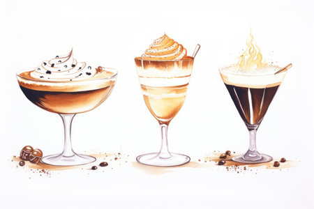 A coffee-based cocktail in a glass, served on a light coffee background, exuding indulgence and warmthの素材