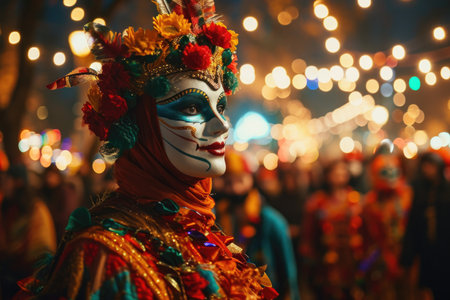 A lively Purim carnival comes to life in this image, featuring participants adorned in extravagant costumes and vibrant masks, while the evening lights add to the festive spiritの素材