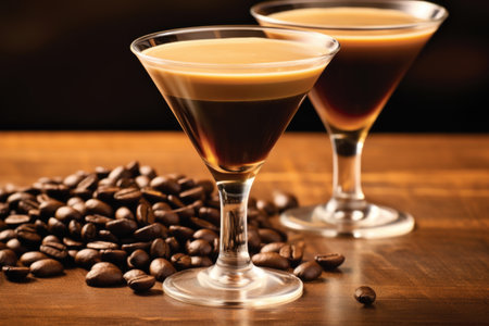 A glass filled with a coffee-based delight, set against a dark, luxurious backdrop, evoking an atmosphere of refined enjoymentの素材