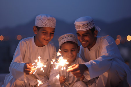 Twilight festivities: A father shares sparklers with his sons, dressed in thobes, against the backdrop of an evening sky.の素材