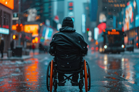 A solitary figure in a wheelchair on a rain-soaked city street at night.の素材