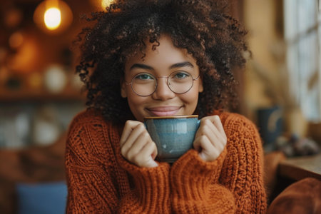 A cheerful young woman with glasses holding a ceramic mug, wearing a cozy sweater.の素材