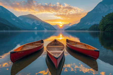 Peaceful waterscape: A picturesque lake scene with wooden canoes, capturing the essence of nature's tranquility.の素材