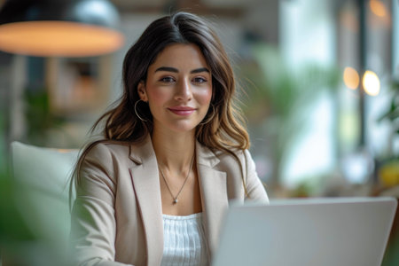 Captured in a bright, minimalist office, a woman's confident demeanor and tech-savvy appearance convey competence and productivity.の素材