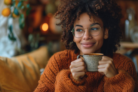 Close-up of a happy individual in eyewear, enjoying a cup of coffee at a cafe.の素材
