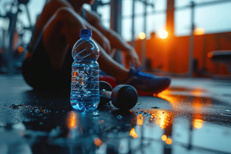Fitness recovery: A close-up view reveals a well-earned break, with a dumbbell and water bottle nearby, highlighting the importance of hydration and rest.の素材
