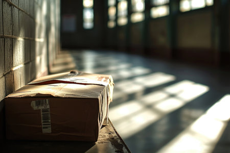 Sunbeams pour through a window, illuminating a misplaced parcel lying on the floor, casting a warm and hopeful glowの素材