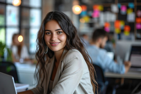 Workplace satisfaction: A professional woman at her desk, wearing a beige blazer, smiles as she engages with her laptop.の素材