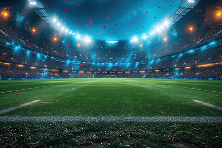 Evening Stadium Celebration: An image from the ground of an illuminated stadium, showcasing a celebratory ambiance with colorful lights, crowds, and excitement.の素材
