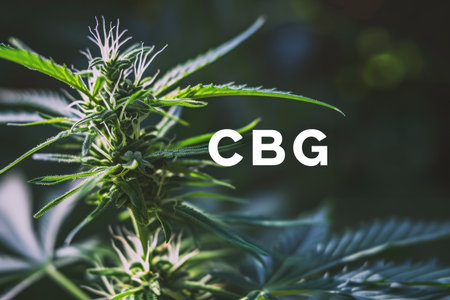An image displays a cannabis plant with prominent "CBG" letters superimposed on a background featuring a chemical formula with carbon and oxygen atoms and their bondsの素材