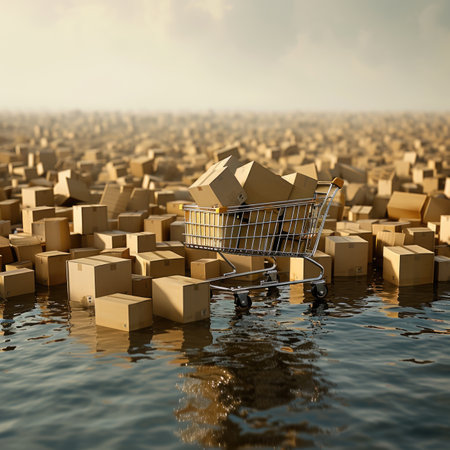A surreal perspective on consumerism: a tipped shopping cart amidst an infinite sea of uniform cardboard packages, leading into obscurity.の素材
