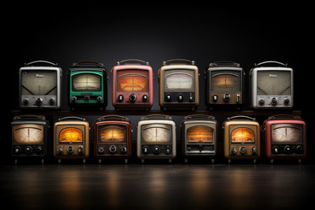 A row of retro radios from various eras, displaying the evolution of technology and designの素材